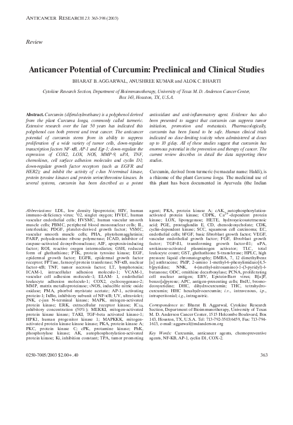 (PDF) Anticancer potential of curcumin: Preclinical and clinical studies