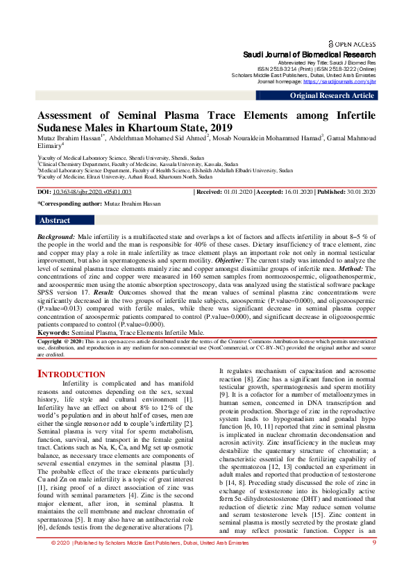 (PDF) Assessment of Seminal Plasma Trace Elements among Infertile ...