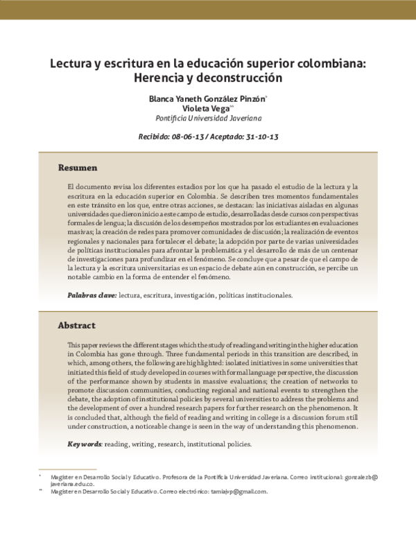 (PDF) Lectura y escritura en la educación superior colombiana