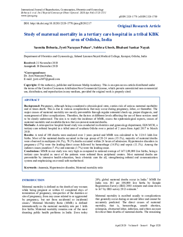 (PDF) Study of maternal mortality in a tertiary care hospital in a ...