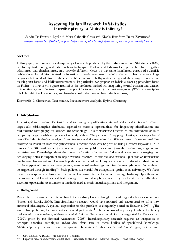 (PDF) Assessing Italian Research in Statistics: Interdisciplinary or ...