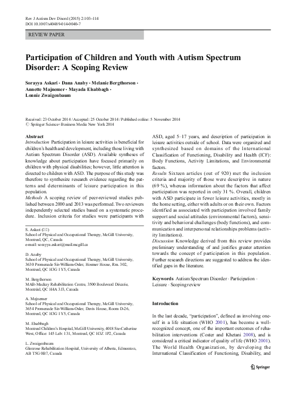 (PDF) Participation of Children and Youth with Autism Spectrum Disorder ...