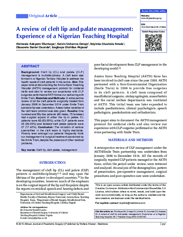 (PDF) A review of cleft lip and palate management: Experience of a ...