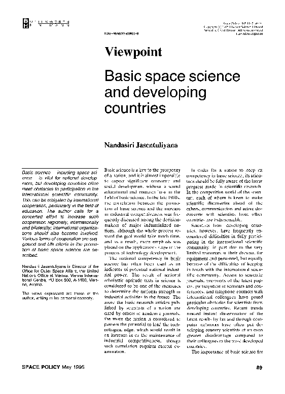 (PDF) Basic space science and developing countries