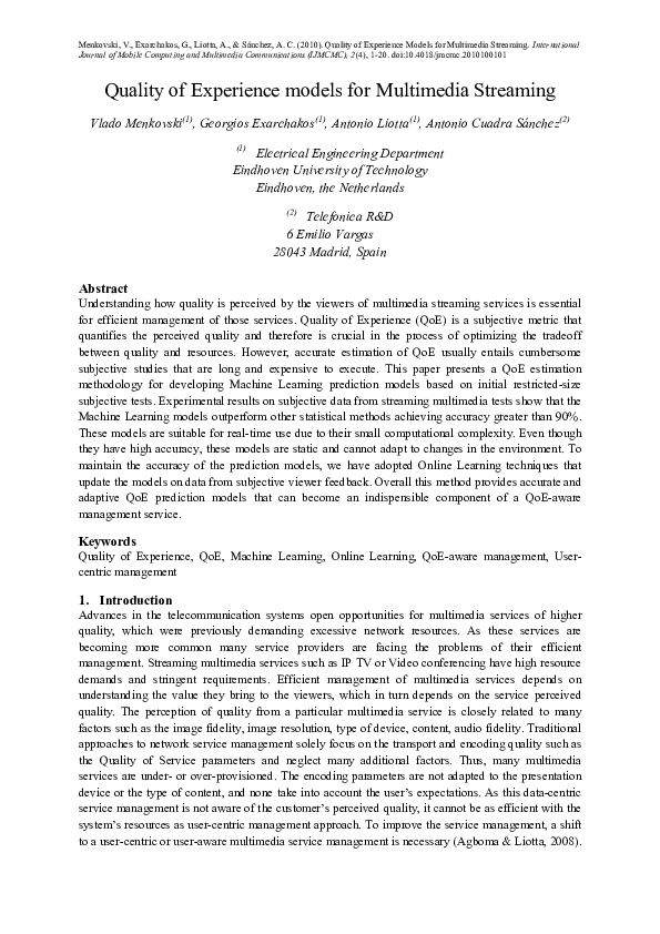 (PDF) Quality of experience models for multimedia streaming
