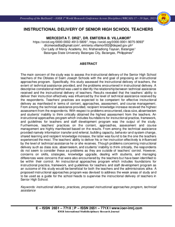 (PDF) INSTRUCTIONAL DELIVERY OF SENIOR HIGH SCHOOL TEACHERS