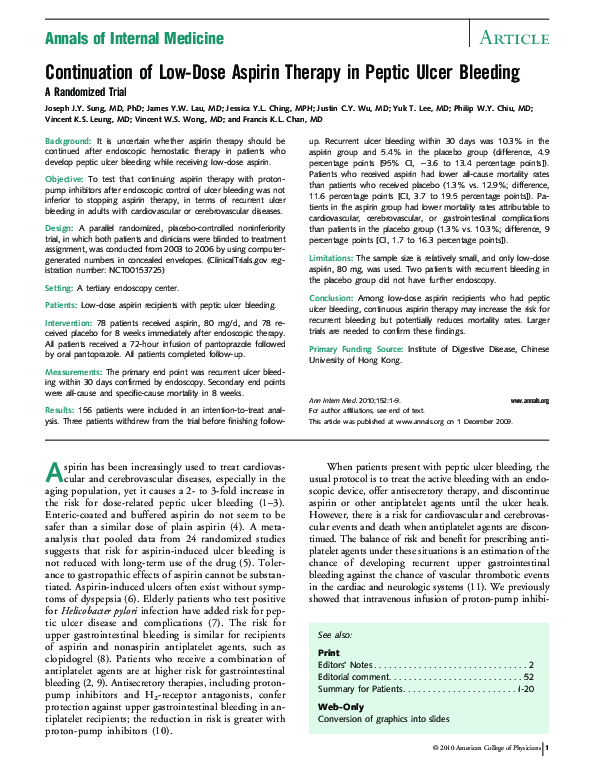 (PDF) Continuation of LowDose Aspirin Therapy in Peptic Ulcer Bleeding