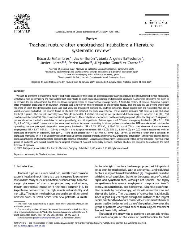 (PDF) Tracheal rupture after endotracheal intubation A literature