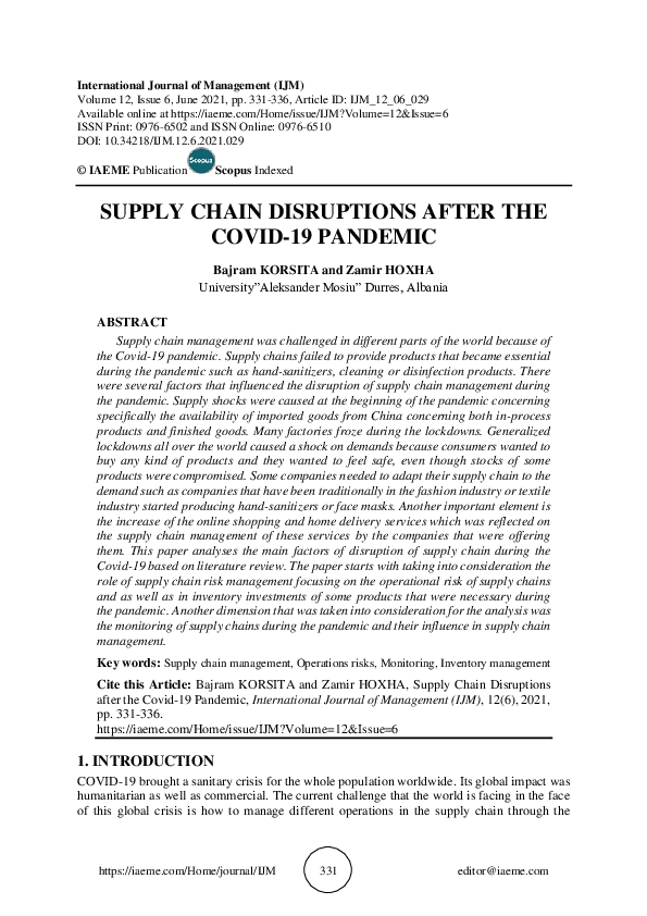 (PDF) SUPPLY CHAIN DISRUPTIONS AFTER THE COVID-19 PANDEMIC