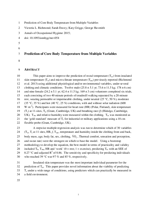 (PDF) Prediction of Core Body Temperature from Multiple Variables