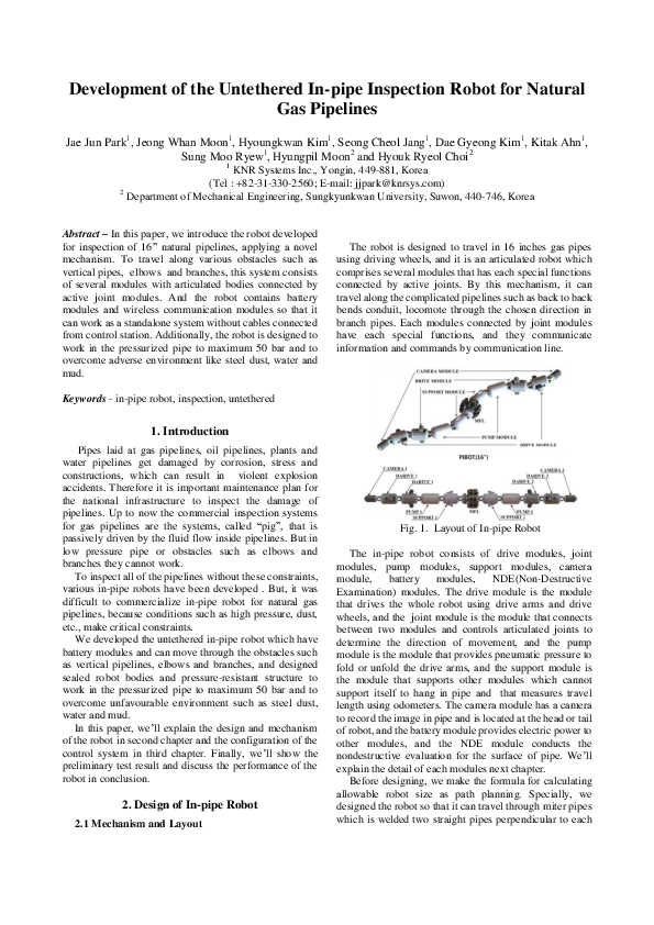 (PDF) Development of the untethered in-pipe inspection robot for ...