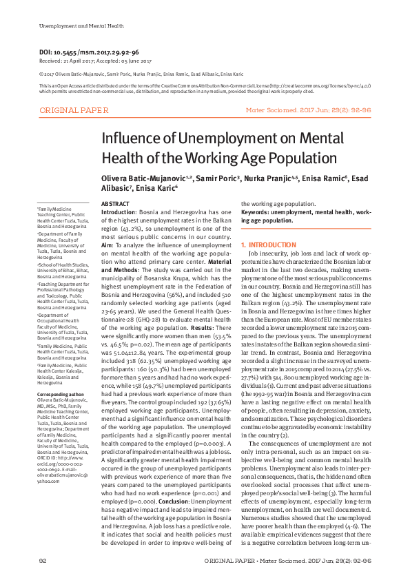 (PDF) Influence of Unemployment on Mental Health of the Working Age ...