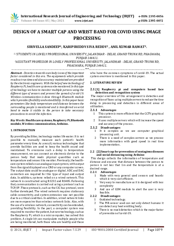 (PDF) IRJET- DESIGN OF A SMART CAP AND WRIST BAND FOR COVID USING IMAGE ...
