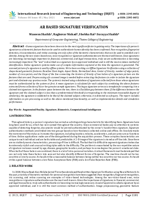 (PDF) AR BASED SIGNATURE VERIFICATION