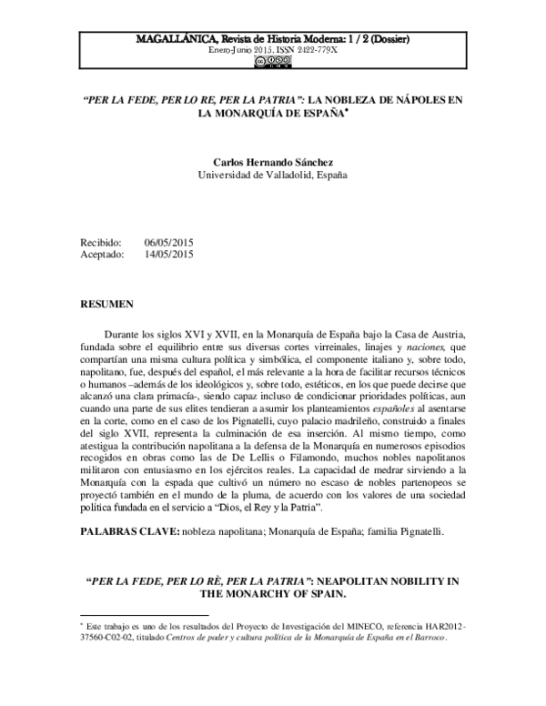 CARLOS HERNANDO SÁNCHEZ: “Per la fede, per lo re, per la patria: la nobleza de Nápoles en la Monarquía de España" / “Per la fede, per lo rè, per la patria: neapolitan nobility in the monarchy of Spain"