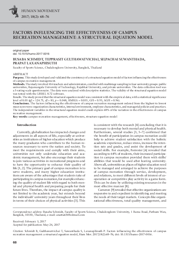 (PDF) Factors Influencing the Effectiveness of Campus Recreation ...