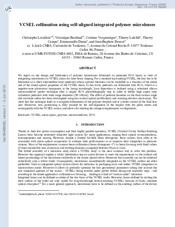 (PDF) VCSEL collimation using self-aligned integrated polymer ...