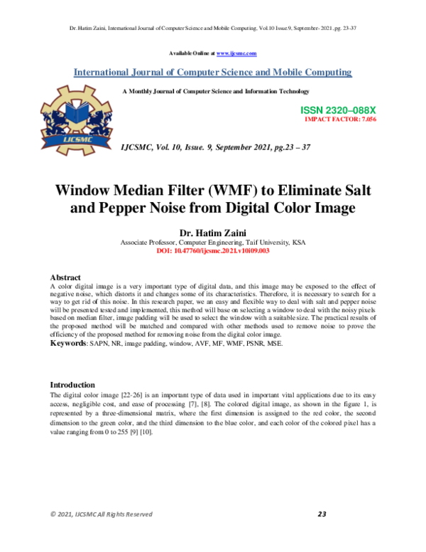 (PDF) Window Median Filter (WMF) to Eliminate Salt and Pepper Noise
