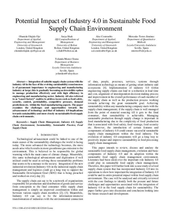 (PDF) Potential Impact of Industry 4.0 in Sustainable Food Supply Chain