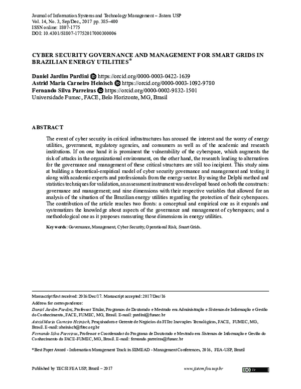(PDF) Cyber Security Governance and Management for Smart Grids in ...