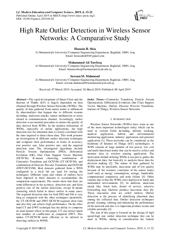 (PDF) High Rate Outlier Detection in Wireless Sensor Networks: A ...