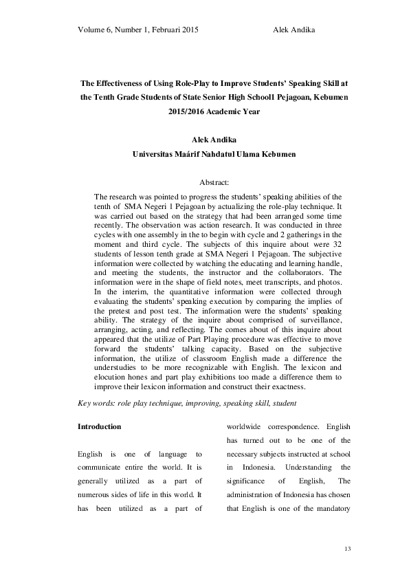 (PDF) The Effectiveness of Using Role-Play to Improve Students ...
