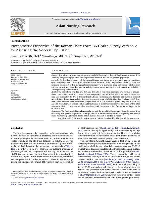 (PDF) Psychometric properties of the Korean short form-36 health survey ...