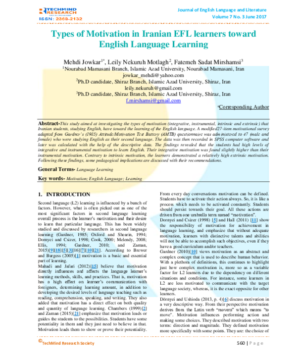 (PDF) Types of Motivation in Iranian EFL learners toward English ...