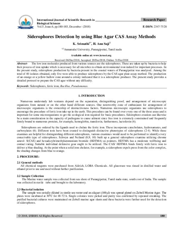 (PDF) Siderophores detection by using blue agar CAS assay methods Ann