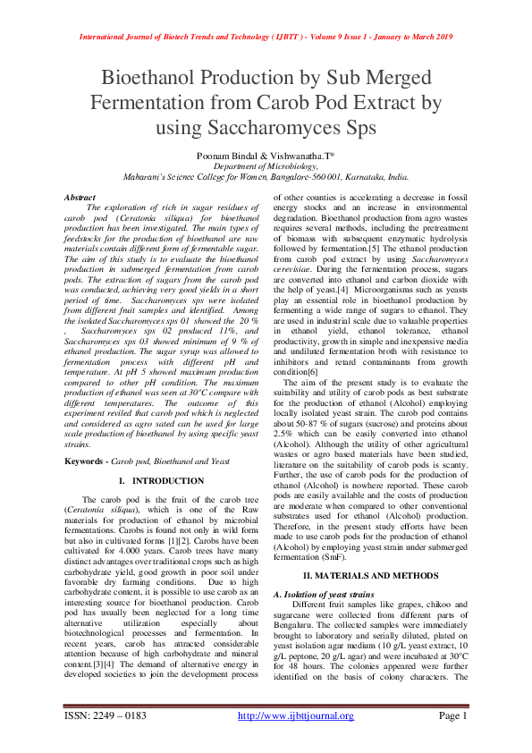 (PDF) Bioethanol Production by Sub Merged Fermentation from Carob Pod ...