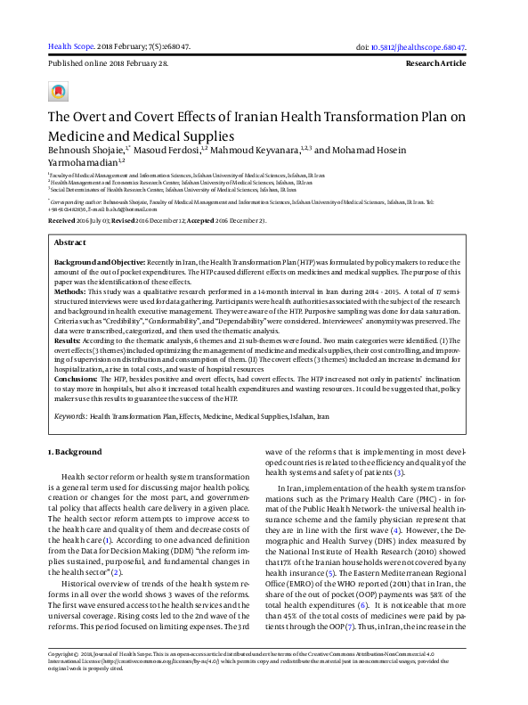 (PDF) The Overt and Covert Effects of Iranian Health Transformation ...