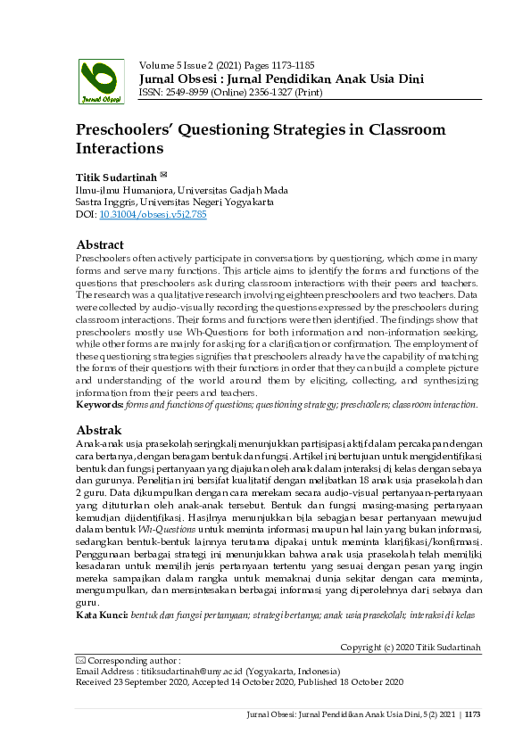 (PDF) Preschoolers’ Questioning Strategies in Classroom Interactions