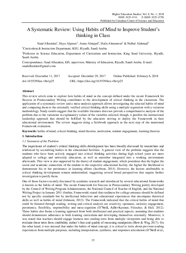 (PDF) A Systematic Review: Using Habits of Mind to Improve Student’s ...