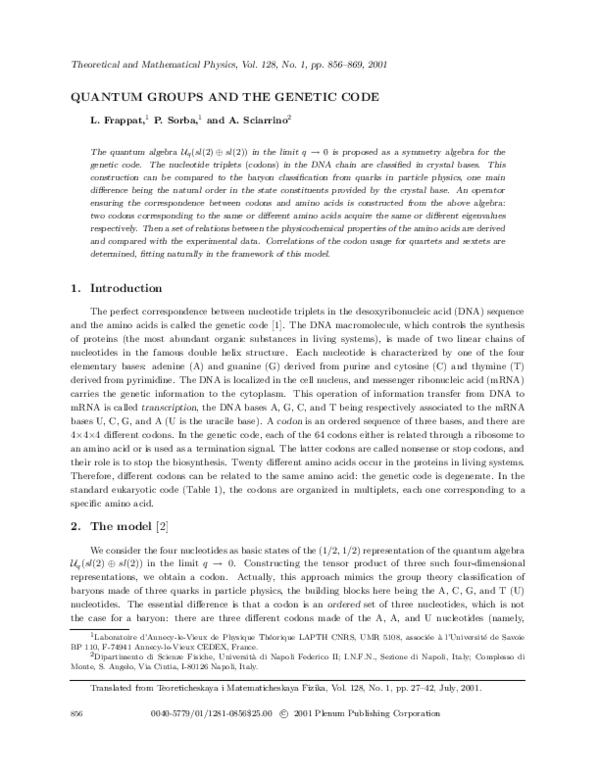(PDF) Quantum Groups and the Genetic Code