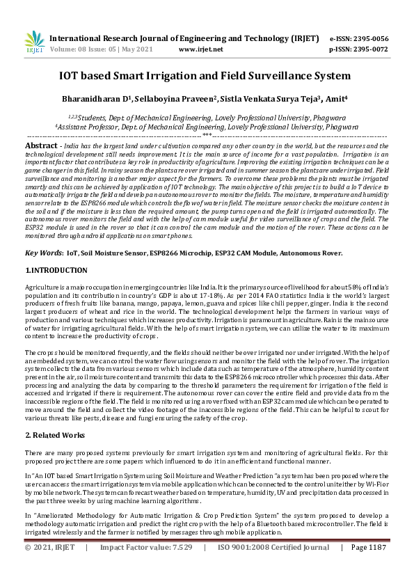 (PDF) IRJET- IOT based Smart Irrigation and Field Surveillance System