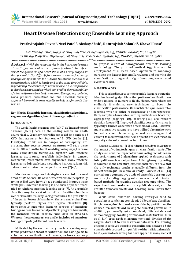 (PDF) Heart Disease Detection using Ensemble Learning Approach
