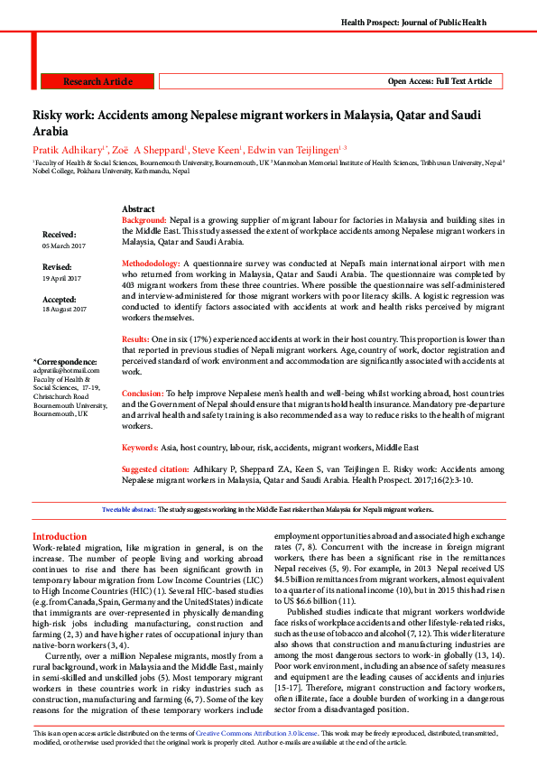 (PDF) Risky work: Accidents among Nepalese migrant workers in Malaysia ...