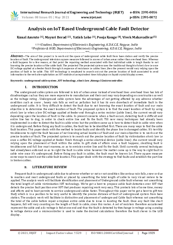 (PDF) IRJET- Analysis on IoT Based Underground Cable Fault Detector