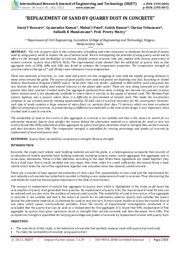 (PDF) IRJET- "REPLACEMENT OF SAND BY QUARRY DUST IN CONCRETE"