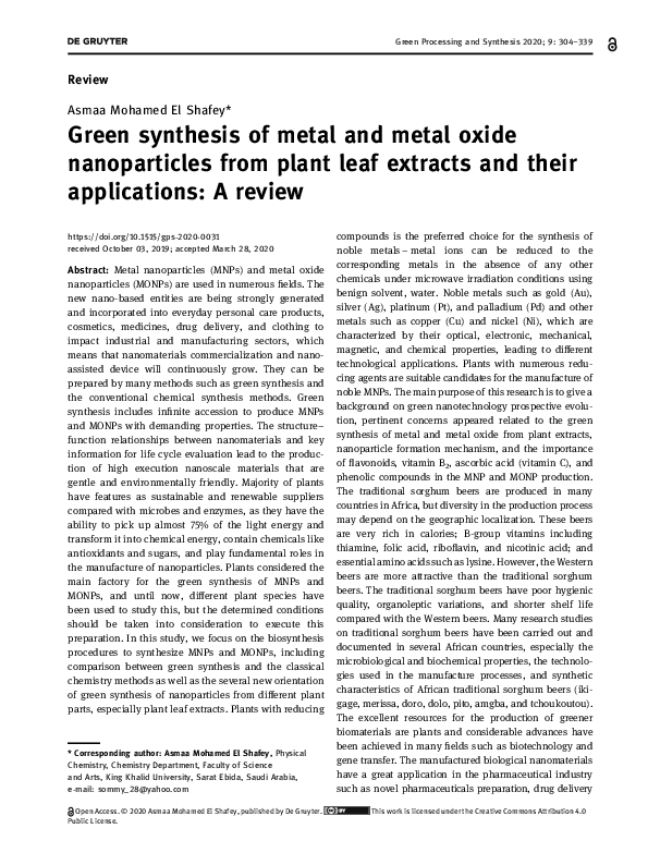(PDF) Green synthesis of metal and metal oxide nanoparticles from plant ...