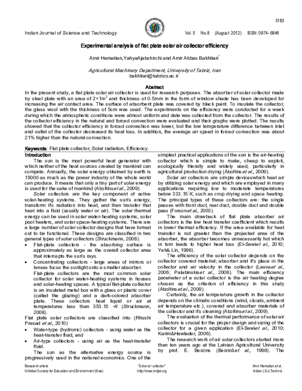 (PDF) Experimental analysis of flat plate solar air collector efficiency