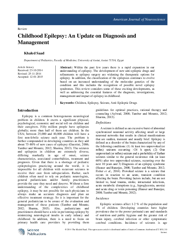 (PDF) Childhood Epilepsy: An Update on Diagnosis and Management