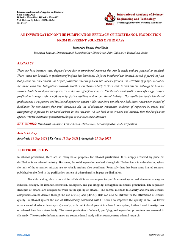(PDF) AN INVESTIGATION ON THE PURIFICATION EFFICACY OF BIOETHANOL ...