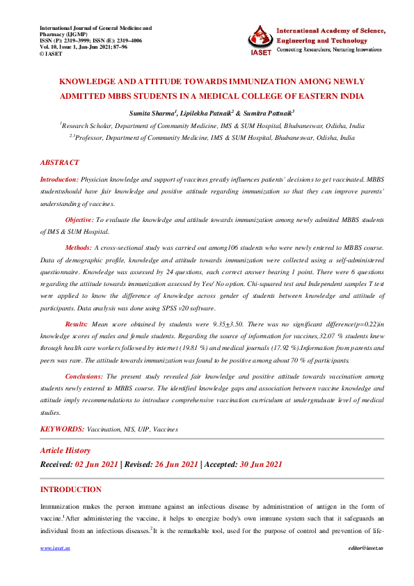 (PDF) KNOWLEDGE AND ATTITUDE TOWARDS IMMUNIZATION AMONG NEWLY ADMITTED ...