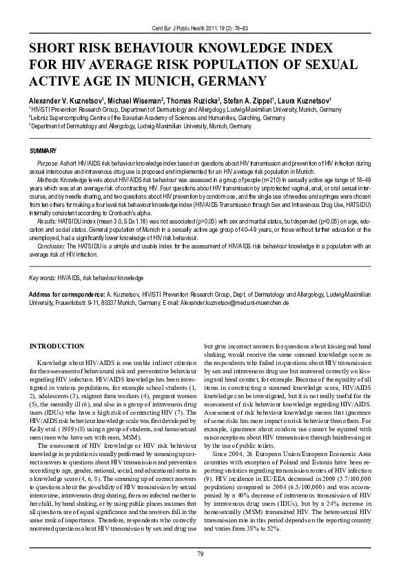 (PDF) Short risk behaviour knowledge index for HIV average risk ...