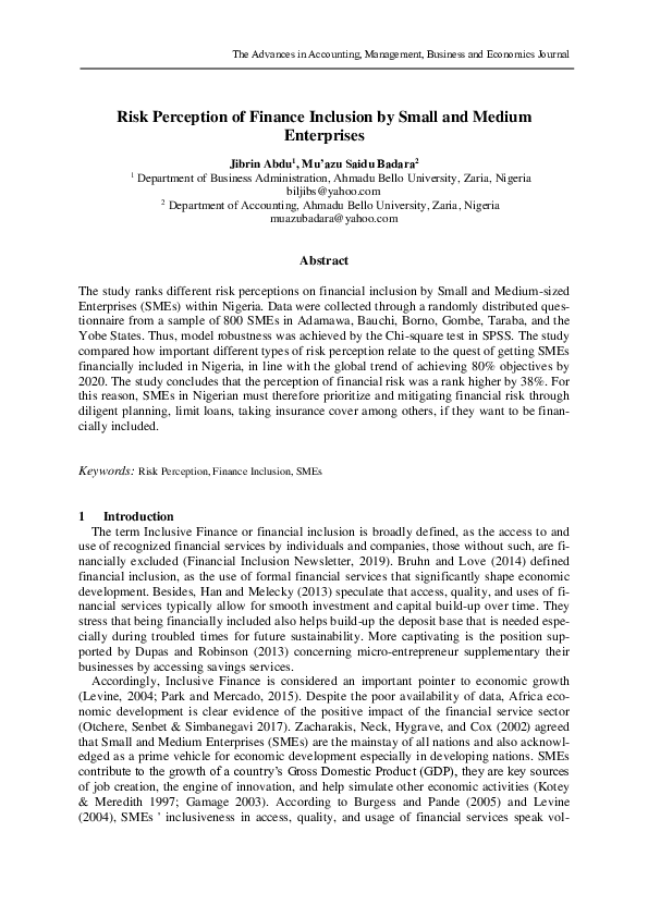 (PDF) Risk Perception of Finance Inclusion by Small and Medium Enterprises