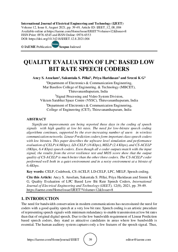(PDF) QUALITY EVALUATION OF LPC BASED LOW BIT RATE SPEECH CODERS