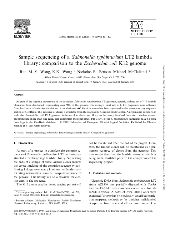 (PDF) Sample sequencing of a Salmonella typhimurium LT2 lambda library ...