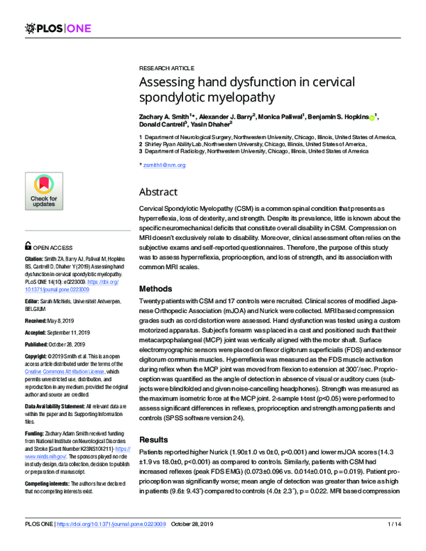(PDF) Assessing hand dysfunction in cervical spondylotic myelopathy