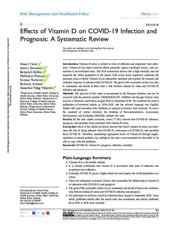 (PDF) Effects of Vitamin D on COVID-19 Infection and Prognosis: A ...